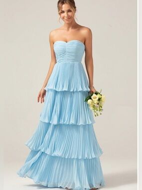 Women’s Sky Blue Chiffon Strapless Pleated A-line Tiered Maxi Dress